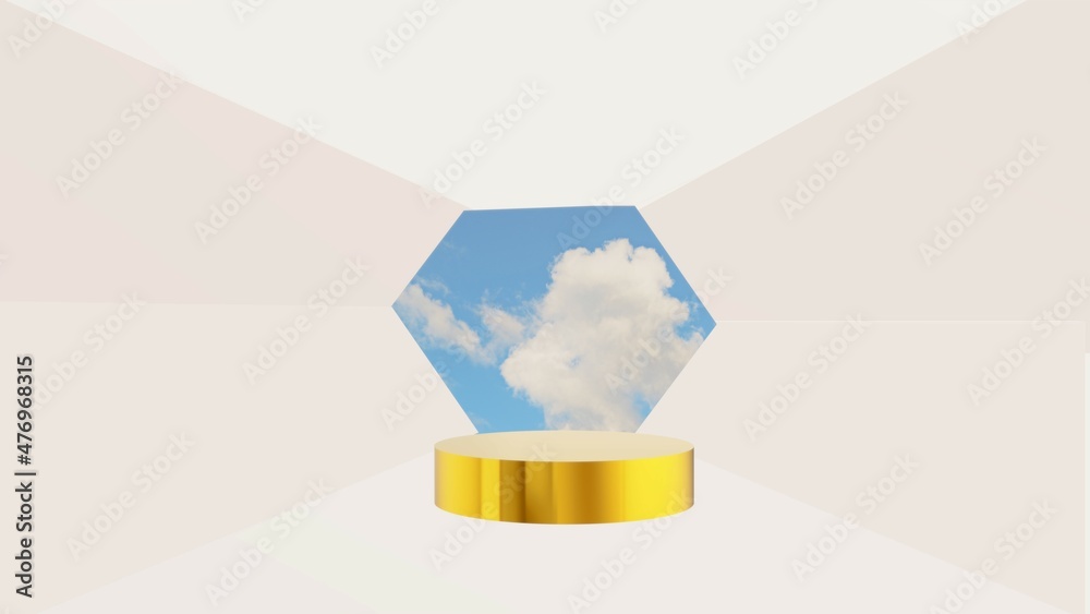 golden podium stage in white room background hexagon sky 3d illustration