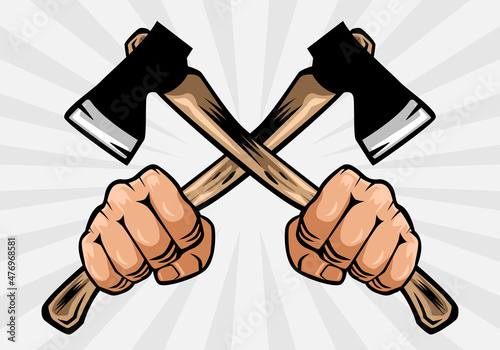 Axe holding in hand man lumberjack. woodman, carpenter.
