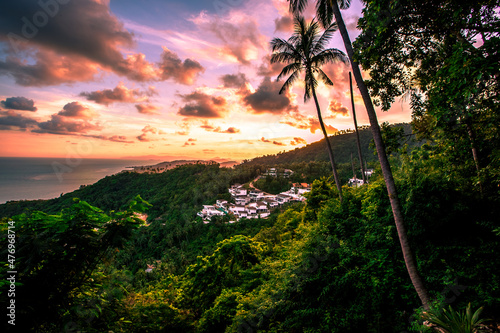 panoramic background of high mountain scenery  overlooking the atmosphere of the sea  trees and wind blowing in a cool blur  spontaneous beauty