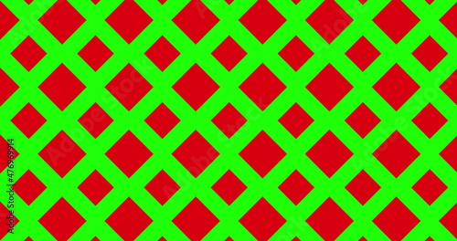 Abstract background of geometric green pentagon shapes on red screen background. Psychedelic 2D rectangles, bright, throwing simple layer.