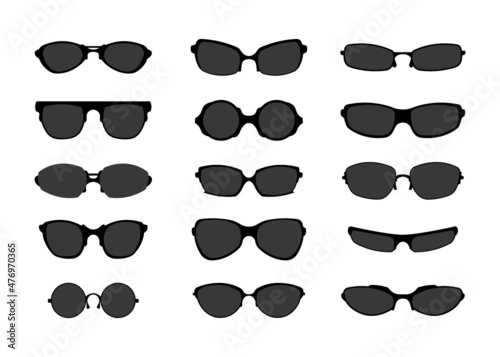 Black sunglasses. Retro fashion spectacles of different shapes. Vintage style eyewear. Geek or medicine optics logo. Sunlight protection. Dark eyeglasses. Vector summer accessories set