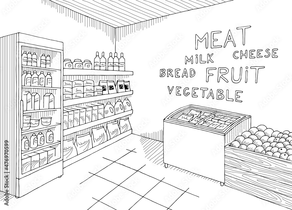 Grocery interior store shop black white graphic sketch illustration