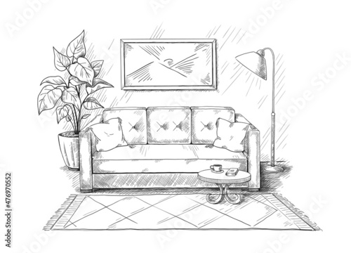 Room interior sketch. Apartment interior with sofa and lamp. House furniture. Hand drawn couch with cushions and home plant. Paintings on wall. Cozy carpet and table. Vector illustration
