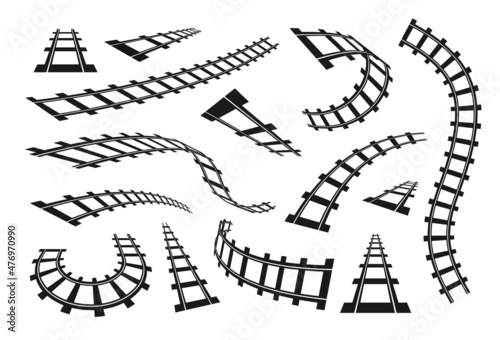 Black railway. Train track and straight railroad silhouette. Subway and tram journey road. Transport railing way contour parts. Industrial construction. Vector rails and sleepers set