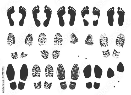 Footstep icon. Footprint black symbols collection. Bare human feet and shoe print tracks. Sneaker and boot sole traces. Male and female footwear stamps. Vector dirty leg imprints set