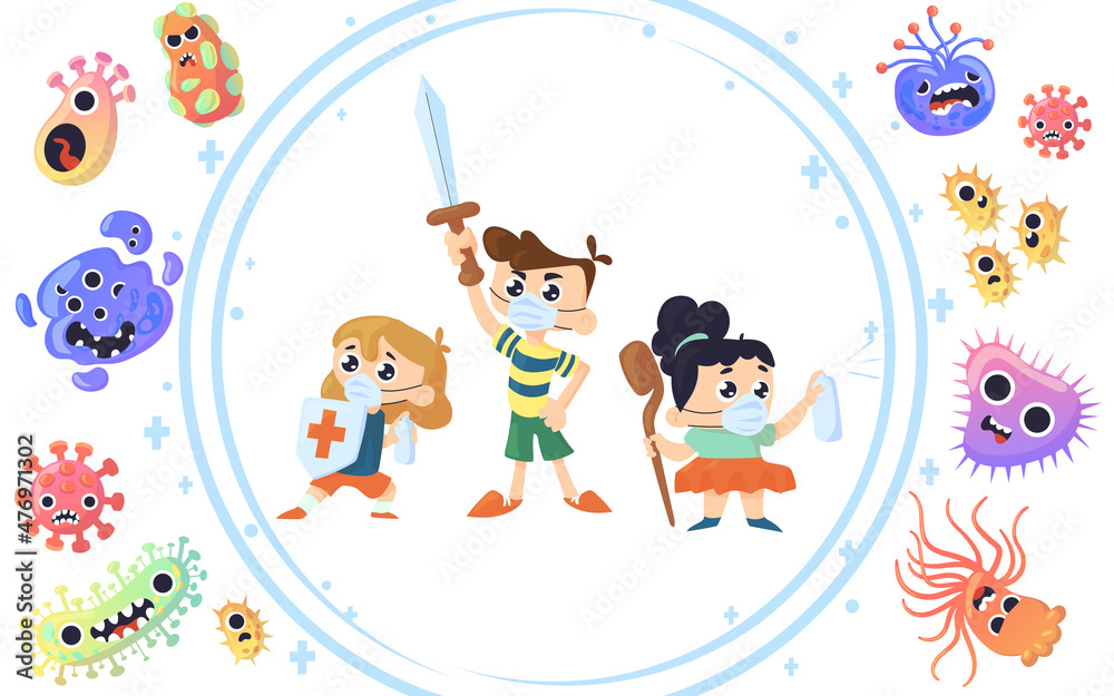 Kids fight virus. Children fighting against Covid and flu disease bacteria. Immunity protection concept. Pathogenic microorganisms. Boys and girls in protective dome. Vector illustration