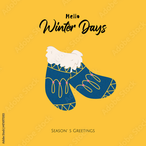 Hello winter days festive card with hand drawn skydiver color warm winter socks with waves and lines on yellow background. Season`s greetings. Doodle isolated element for print