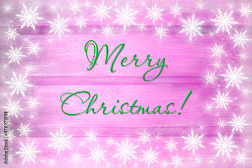 Winter wooden magenta purple mauve nature background with snowflakes around. Texture of painted wood horizontal boards. Merry Christmas card.