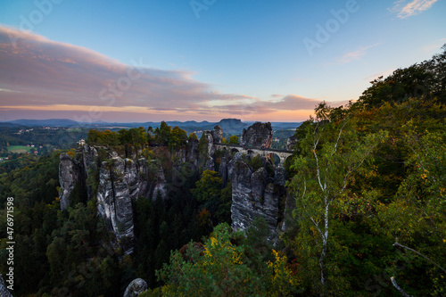 Bridge Bastei In Saxon Switzerland Germany utumn With Colored Trees sunset