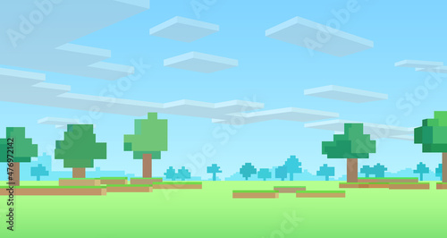 Eight bit nature landscape with clouds. Vector illustration 