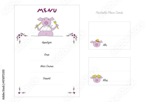 Funny menu template for restaurant  party  or family lunch with hand-drawn graphics and printable place cards with Mr. and Ms. Pig 