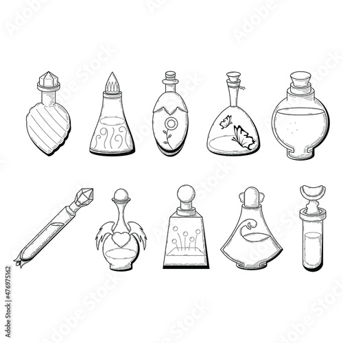 Set Black Simple Collection Line Glass Flask Doodle Outline Potion Drink Elixir Liquid With Splash Element Vector Design Style Sketch Isolated Illustration Magic Witchcraft