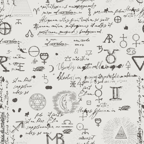 Seamless esoteric pattern. Alchemy, magic, witchcraft and mysticism are esoteric symbols. Background from a manuscript with occult sketches and careless handwritten text in retro style