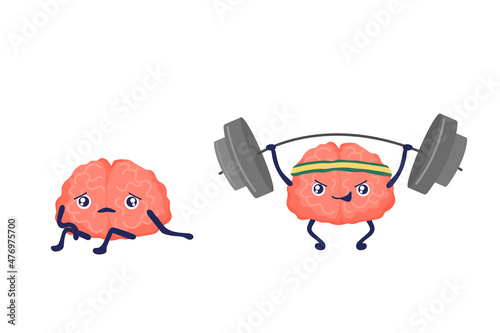 Brain training and Alzheimer's disease. Cartoon brain character with barbell. Pumping cute organ, power. Sports and fitness. Stock vector illustration isolated on white background.