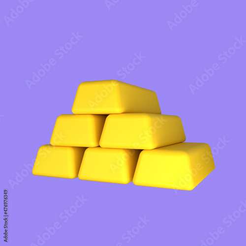 3d cartoon pile of gold bars isolated on a purple background, gold bars icon. 3d rendering illustration
