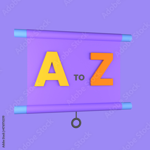 3d cartoon alphabet presentation board isolated on a purple background, alphabet presentation board icon. 3d rendering illustration
