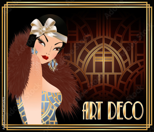 Attractive woman in art deco style, vector illustration