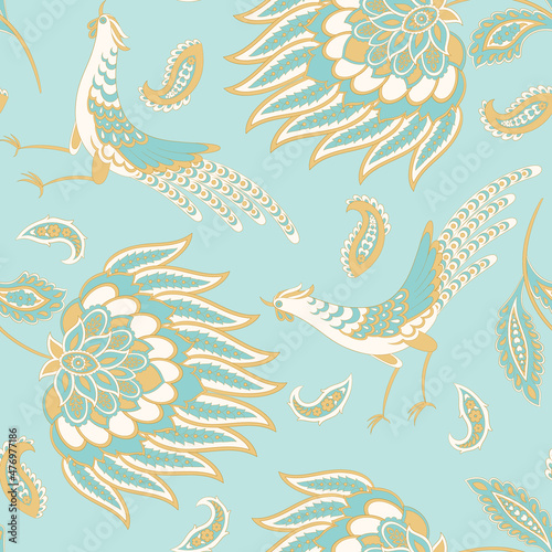 Paisley vector seamless pattern with Birds. Damask style fabric illustration