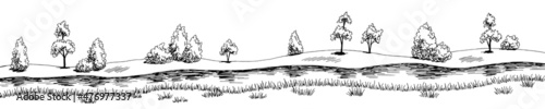 River graphic black white long landscape sketch illustration vector 