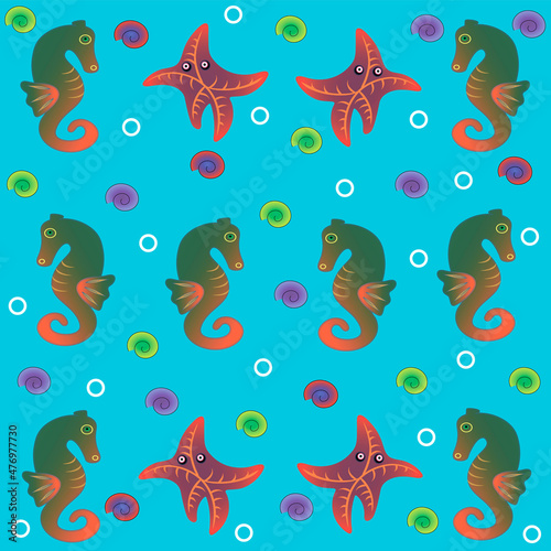 A seamless pattern with seahorses and starfish