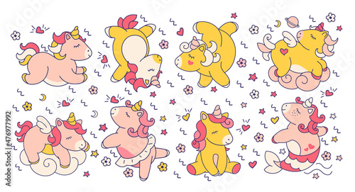 Fun set of fairy doodle unicorns. Set of stickers, isolated elements. Wide girly background with variety of pony. 