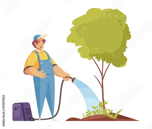 Gardener Watering Tree Composition