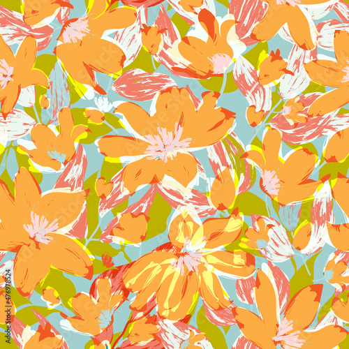 vector bright seamless floral pattern with abstract hand drawn flowers and leaves