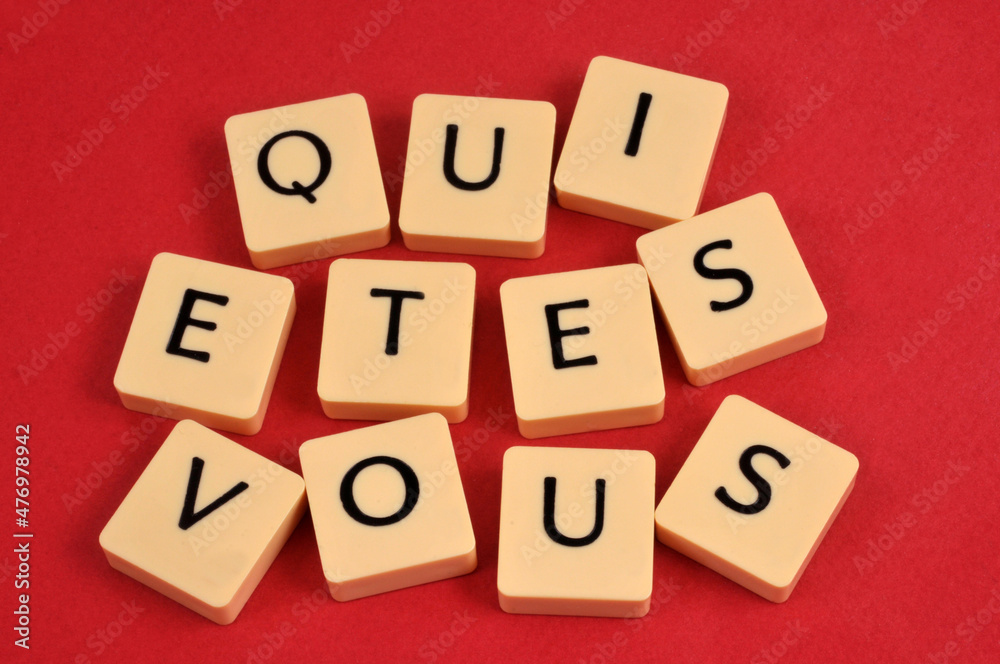 Qui êtes-vous écrit en français avec des lettres de l'alphabet en gros plan sur fond rouge Qui êtes-vous écrit en français avec des lettres de l'alphabet en gros plan sur fond rouge
