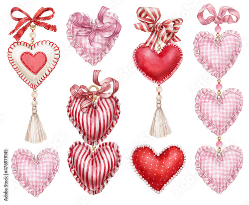 Watercolor valentines day textile heart garland, romantic sewing elements.Elegant style pink and red hearts. Hand-drawn illustration. 