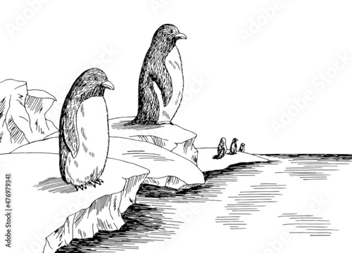 Penguins in Antarctica at the iceberg graphic black white sketch landscape illustration vector 