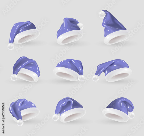 Set of 3D cartoon Santa Claus hats in trendy Very peri color, the colors of 2022