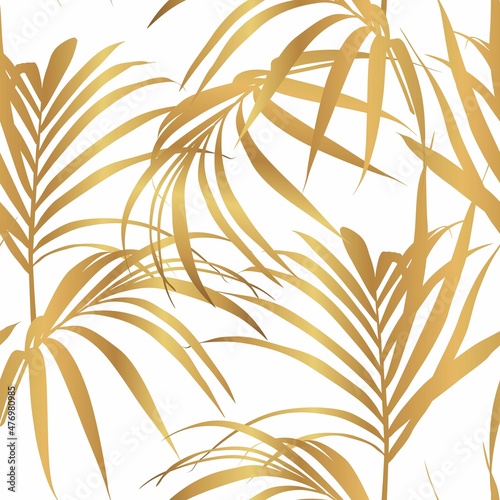 Foliage seamless pattern, tropical palm leaves, golden art ink drawing on white background.