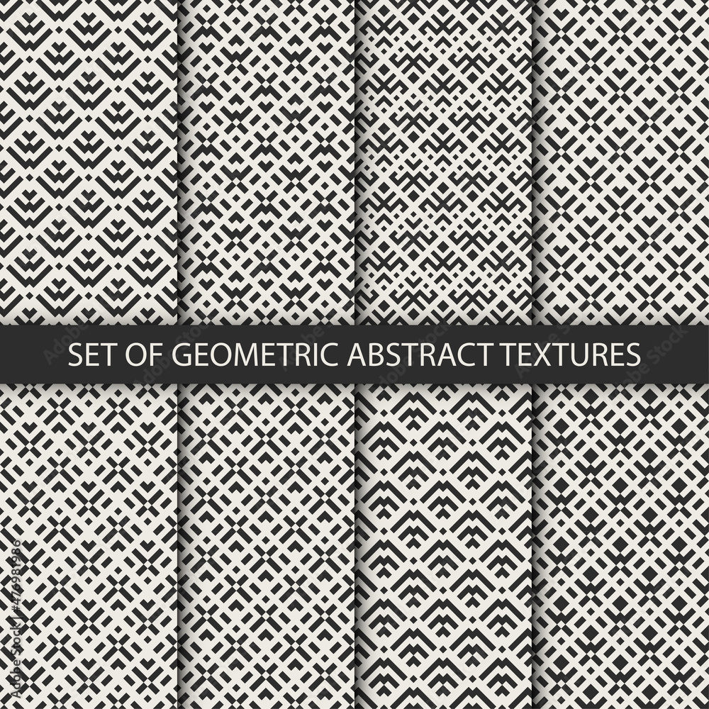Set of 8 geometric trendy patterns. Abstract geometric graphic design print textures. Black and white modern geometry shapes backgrounds.