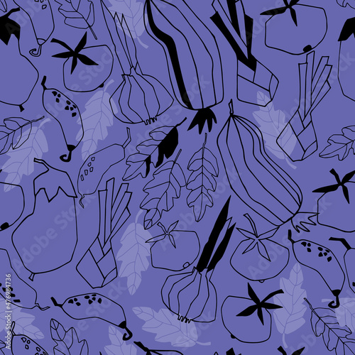 Seamless repeating pattern with vegetables. Stylized vector line art. Abstract trendy illustrations on Very Peri colors of the year 2022 background. Healthy food, carbs, veganism concept