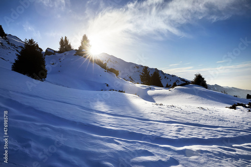 Landscape of snowy winter mountains photo