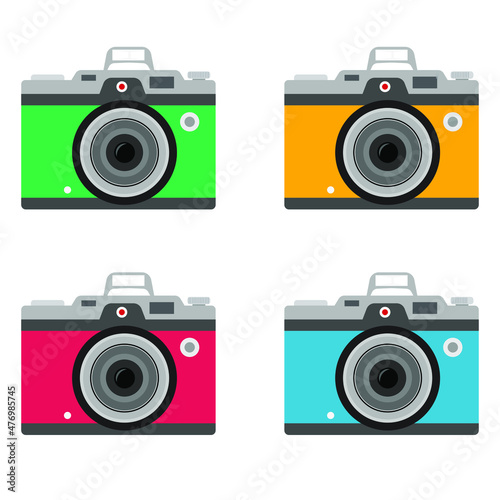 Photo camera icon isolated on white background, photocamera pictogram, red camera flat modern design in outline linear thin line style, photo camera image
