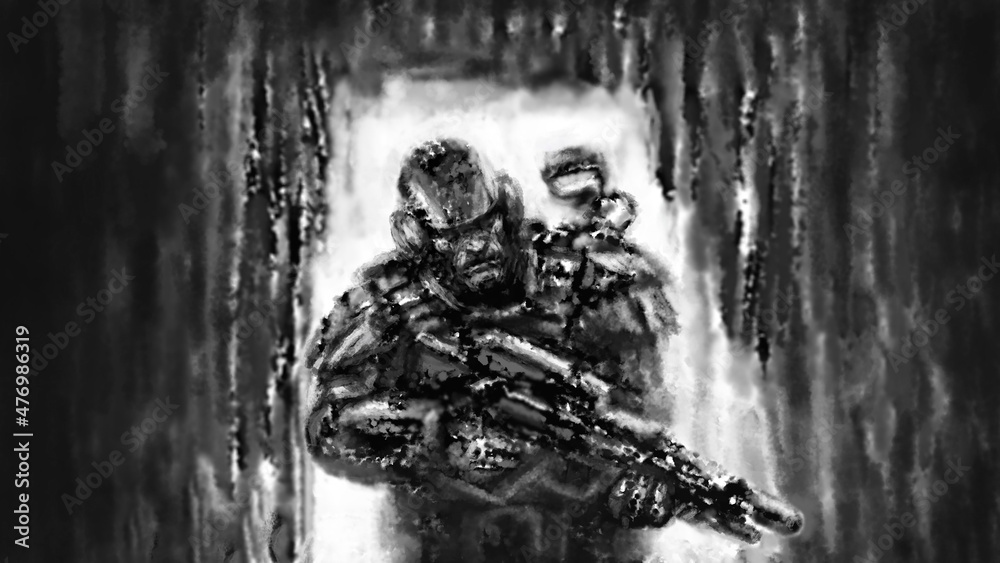 Angry soldier with assault rifle enters in dark bunker. Battle with scary aliens. Black and white illustration in horror and fiction genre. Gloomy character concept art. Coal and noise effects. Angry soldier with assault rifle enters in dark bunker. Battle with scary aliens. Black and white illustration in horror and fiction genre. Gloomy character concept art. Coal and noise effects.