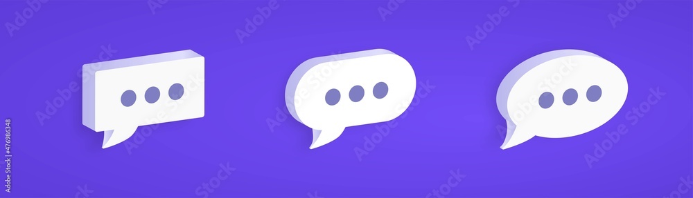 3D Chat icon set. Set of 3D speech bubble icons isolated on purple background. 3d white speech bubble collection set. 3D Chat icon set. Set of 3D speech bubble icons isolated on purple background. 3d white speech bubble collection set.