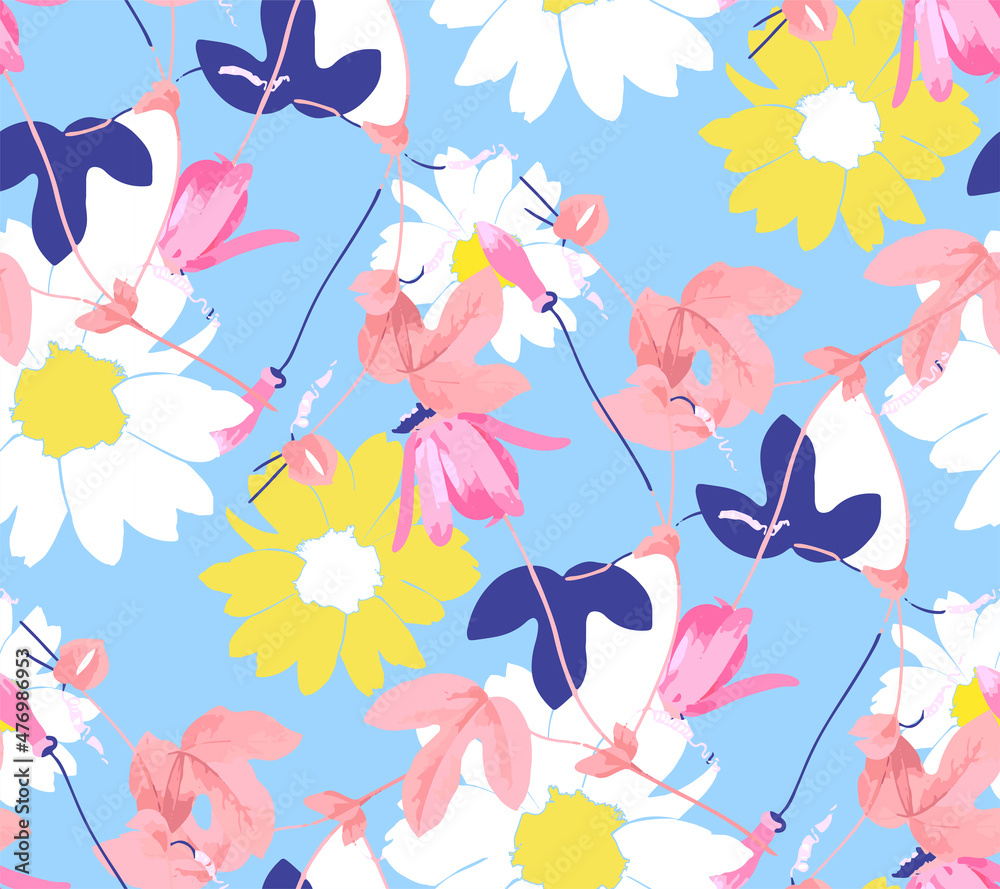 Colored flowers on blue background. Seamless pattern. Vector illustration. Suitable for fabric, mural, wrapping paper and the like.