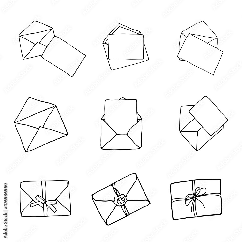 Mail icons collection, open envelopes, email symbol. Sketch letter set ...