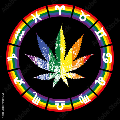 t-shirt design of a cannabis leaf and signs of the zodiac with the colors of the rainbow isolated on black