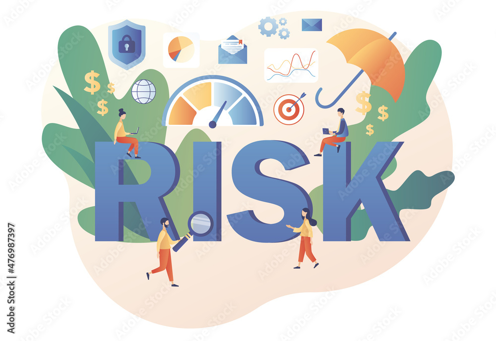 Risk management. Tiny people review, evaluate, analysis risk. Risk assessment. Risk big text and levels knob. Business and investment concept. Modern flat cartoon style. Vector illustration Risk management. Tiny people review, evaluate, analysis risk. Risk assessment. Risk big text and levels knob. Business and investment concept. Modern flat cartoon style. Vector illustration