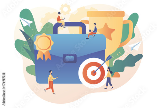 HR recognition concept. Best employees and specialists with great reputation. Tiny people professional. Business success. Modern flat cartoon style. Vector illustration on white background