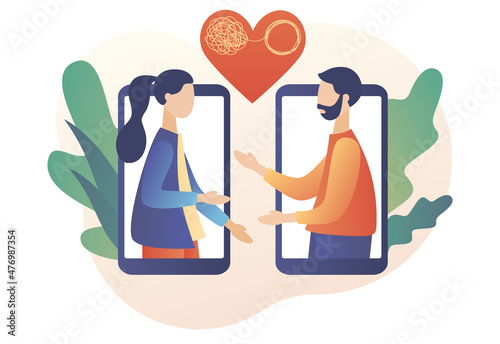 Tiny couple decides mental problems online. Family psychologist. Male and female psychology. Psychotherapy. Psychological help. Modern flat cartoon style. Vector illustration on white background