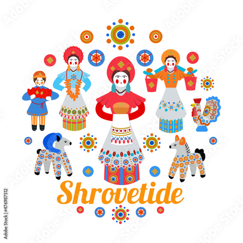 Set with Russian folk toys for Maslenitsa, women with pancakes, National Russian Dymkovsky ornament on a white round background. Collection for Maslenitsa from Kirov toys. Illustration  flat style.