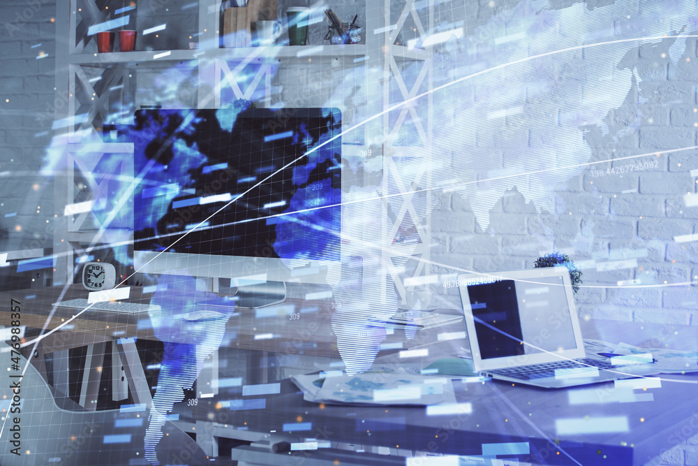 Multi exposure of data theme drawing and office interior background. Concept of technology. Multi exposure of data theme drawing and office interior background. Concept of technology.