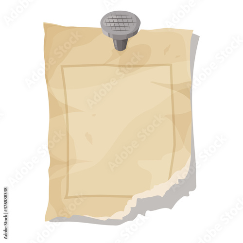 Beige pinned by nail old torn sheet of paper on a white background. A rustic note for westerns. Template with place for text. Vector illustration