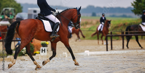 Color image in landscape format, you can see a dressage horse with a rider in a strong trot on the diagonal in a test. In the background other riders with horses are out of focus..