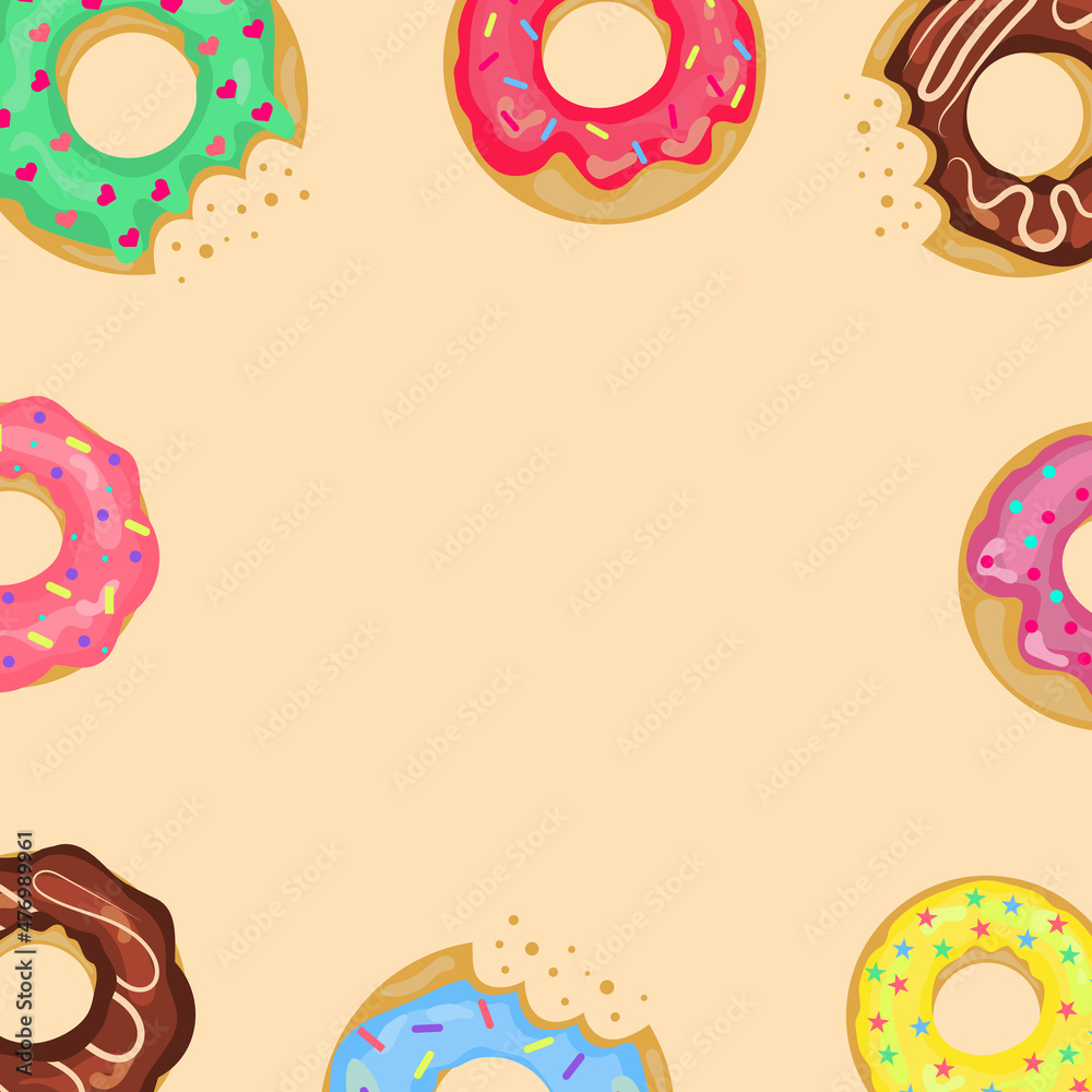 Sweet donuts background. Place for your text. Vector illustration.