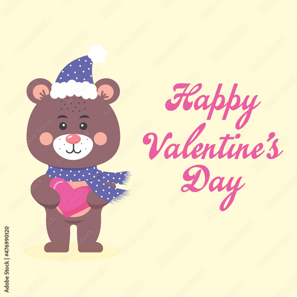 Cute teddy bear in a scarf and hat holding a heart. Happy Valentine's day. Greeting card. Cute teddy bear in a scarf and hat holding a heart. Happy Valentine's day. Greeting card.